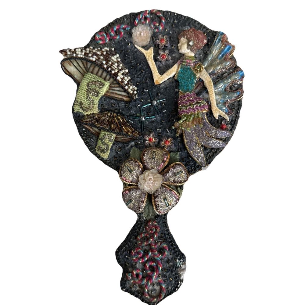 Vintage Beaded hand mirror with fairy mushroom and floral patterns